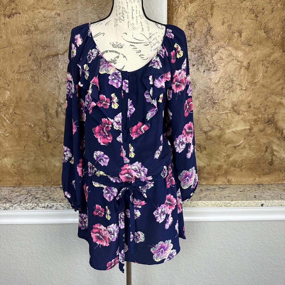 Rebecca Taylor‎ Floral Ruffle Mini Dress Sz 6 Long Sleeve Navy Blue Silk